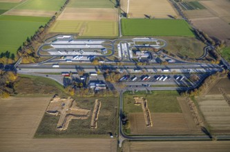 Aerial view, motorway A44 service area Am Haarstrang with construction site and expansion at