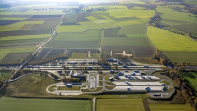 Aerial view, motorway A44 service area Am Haarstrang with construction site and expansion at