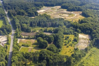 Aerial photo, construction site, landscaping tower in the Werl city forest on the border between