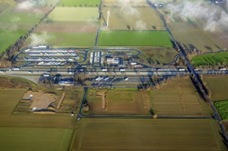 Aerial view, construction site and extension of the motorway service area Am Haarstrang of the A44