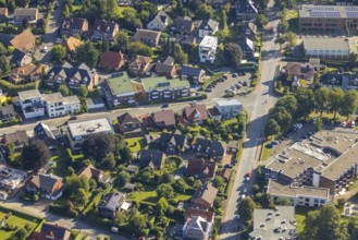 Detailed view of a residential area with many individual houses, streets and green gardens, aerial