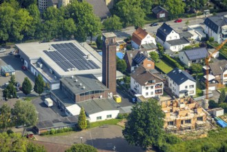 Aerial view, Lidl supermarket with solar roof, construction site new building Akazienweg, Werl,