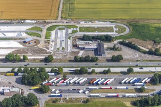 Aerial view, motorway A44 service area Am Haarstrang, construction site and new construction