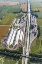 Aerial view, motorway A44 service area Am Haarstrang, construction site and new construction