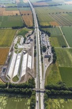 Aerial view, motorway A44 service area Am Haarstrang, construction site and new construction