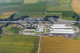 Aerial view, motorway A44 service area Am Haarstrang, construction site and new construction