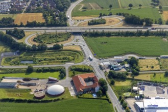 Aerial view, motorway exit Werl-Zentrum, A445, site Bioenergie Hellweg GmbH, Werl, Soester Börde,