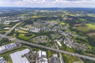 Aerial view, local view Gerlingen at motorway junction Olpe-Süd, A45 and A4, Wenden, Sauerland,