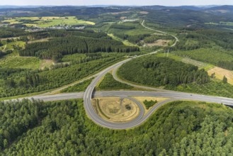 Aerial view, motorway A4, exit Krombach onto the B54, Elben, Schönau, Wenden, Sauerland, North