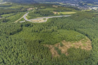 Aerial view, motorway A4, exit Krombach onto the B54, forest area with forest damage, Elben,