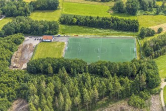 Aerial view, sports field SV Blau-Weiß Hillmicke, Wenden, Sauerland, North Rhine-Westphalia,