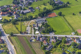Aerial photo, Carl-Orff school, volunteer fire brigade, sports field SV Hilbeck, Hilbeck, Werl,