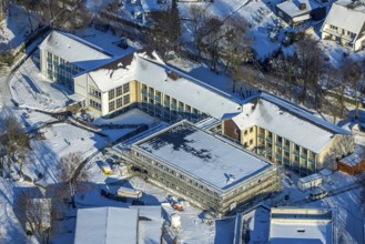 Aerial view, construction site, new building, Walburgisschule, winter, snow, Werl, Soester Börde,