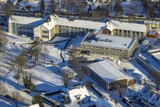 Aerial view, construction site, new building, Walburgisschule, winter, snow, Werl, Soester Börde,