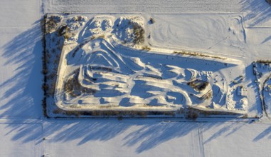 Aerial view, motorsport area Werler Ring, motorsport park, winter, snow, Werl, Soester Börde, North
