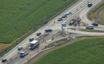 Aerial view, construction site and road works Hammer Landstraße and junction A445, Budberg, Werl,
