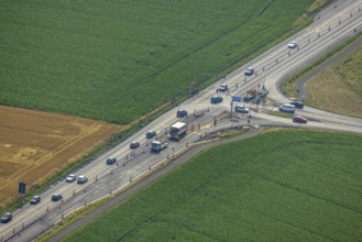 Aerial view, construction site and road works Hammer Landstraße and junction A445, Budberg, Werl,