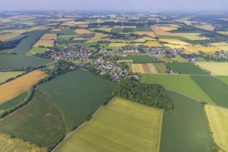 Aerial view, wind power plant in meadows and fields, local view Hilbeck, Werl, Soester Börde, North