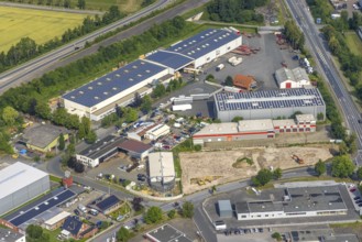 Aerial view, commercial area Hammer Straße, HolzTec GmbH with solar roof, Budberg, Werl, Soester