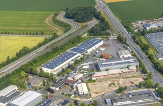 Aerial view, commercial area Hammer Straße, HolzTec GmbH with solar roof, Budberg, Werl, Soester