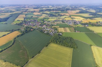 Aerial view, wind power plant in meadows and fields, local view Hilbeck, Werl, Soester Börde, North
