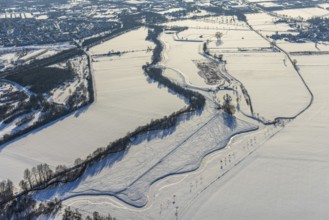Aerial view, Sönnerbach and Salzbach, renaturalised railing, snow-covered, winter, Werl, Soester