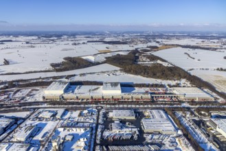 Aerial view, industrial estate KonWerl, ATU warehouse, sewage treatment plant Werl, waste