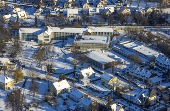 Aerial view, construction site, new building, Walburgisschule, winter, snow, Werl, Soester Börde,