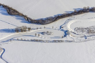 Aerial view, Sönnerbach and Salzbach, renaturalised railing, snow-covered, winter, Werl, Soester
