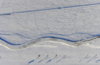 Aerial view, Sönnerbach and Salzbach, renaturalised railing, snow-covered, winter, Werl, Soester