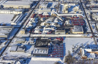 Aerial view, industrial estate KonWerl, winter, snow, Mimberg Spedition-Baustoffe GmbH & Co. KG,