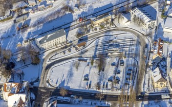 Aerial view, railway station, railway tracks, bus station, winter, snow, Werl, Soester Börde, North