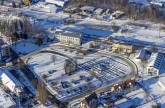 Aerial view, railway station, railway tracks, bus station, winter, snow, Werl, Soester Börde, North