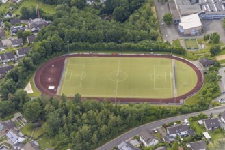 Aerial view, sports field at the comprehensive school Wenden, Möllmicke, Wenden, Sauerland, North