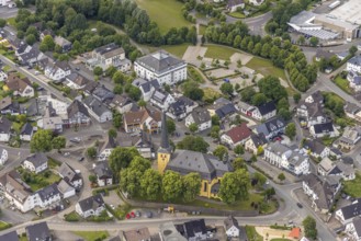 Aerial view, catholic church St. Severin and Rahaus, Wenden, Sauerland, North Rhine-Westphalia,
