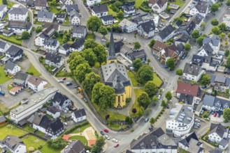 Aerial view, catholic church St. Severin, Wenden, Sauerland, North Rhine-Westphalia, Germany, place
