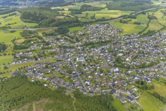 Aerial view, catholic church St.Hubertus, local view Ottfingen, Wenden, Sauerland, North