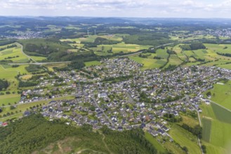 Aerial view, catholic church St.Hubertus, local view Ottfingen, Wenden, Sauerland, North