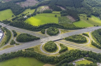 Aerial view, motorway junction Olpe-Süd, Gerlingen, Wenden, Sauerland, North Rhine-Westphalia,