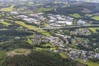 Aerial view, motorway bridge A45 and commercial area Hillmicker Straße in Gerlingen, Wenden,
