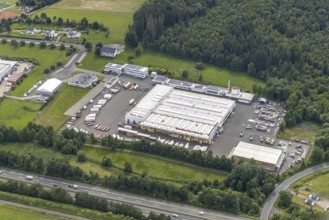 Aerial view, commercial area Rheinauer Straße, Weber Haus, Hünsborn, Wenden, Sauerland, North