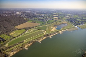 Aerial view, Rhine dyke construction site, Emscher estuary, Emscher estuary drop structure, Emscher