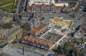 Aerial view, town hall, construction site and demolition for new business centre at the town hall