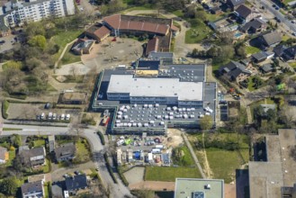 Aerial view, construction site roof renovation and remodelling of the Comenius comprehensive