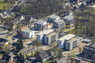 Aerial view, construction site and new residential neighbourhood, Bahnhofstraße corner