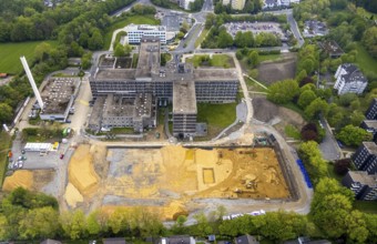 Aerial view, construction site, new clinic building at Helios Klinikum Niederberg, Velbert, Ruhr