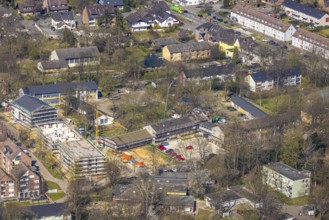 Aerial view, construction site and new construction for new apartment buildings Am Bauhof, former