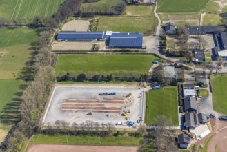 Aerial view, construction site for new sports field, sports centre Voerde, Rönskenstraße,