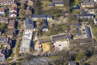 Aerial view, construction site and new construction for new apartment buildings Am Bauhof, former