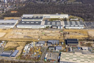 Aerial view, construction site Am Industriepark, Friedrichsfeld, Voerde, Ruhr area, Lower Rhine,